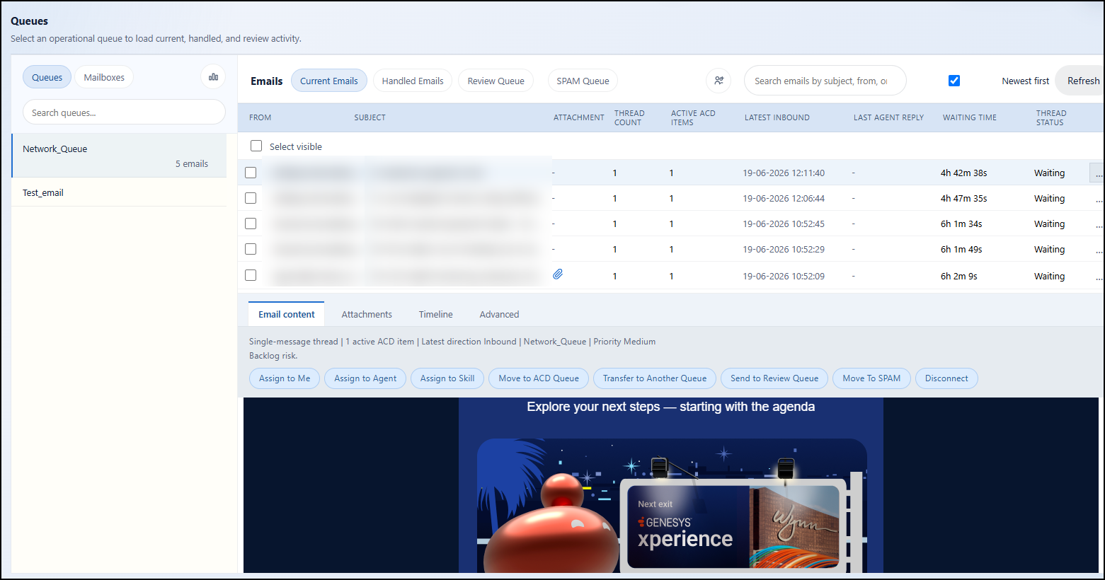 GEM queue workspace showing current emails, queue list, and assignment actions